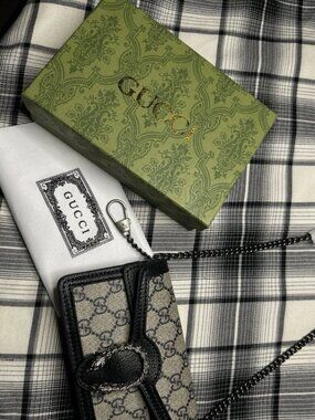 Gucci GG Dionysus Mini Shoulder Bag Beige Black Chain Strap w/ Box & Dust Bag